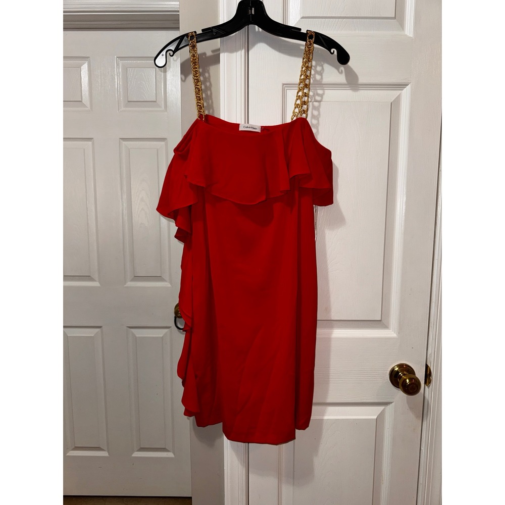 Calvin Klein Red Cold Shoulder Ruffle Chain Strap Mini Dress Size 10 - Picture 2 of 8